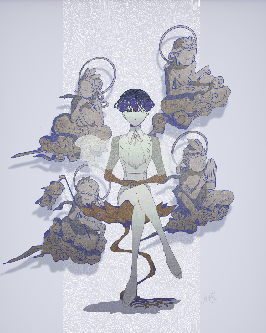 1girl absurdres buddhism character_request crossed_legs expressionless flower grey_background high_heels highres houseki_no_kuni looking_at_viewer lotus phosphophyllite_(ll) purple_eyes purple_hair red_flower shadow shirt short_hair sitting sokura_(mochichitose) solo toes white_footwear white_shirt