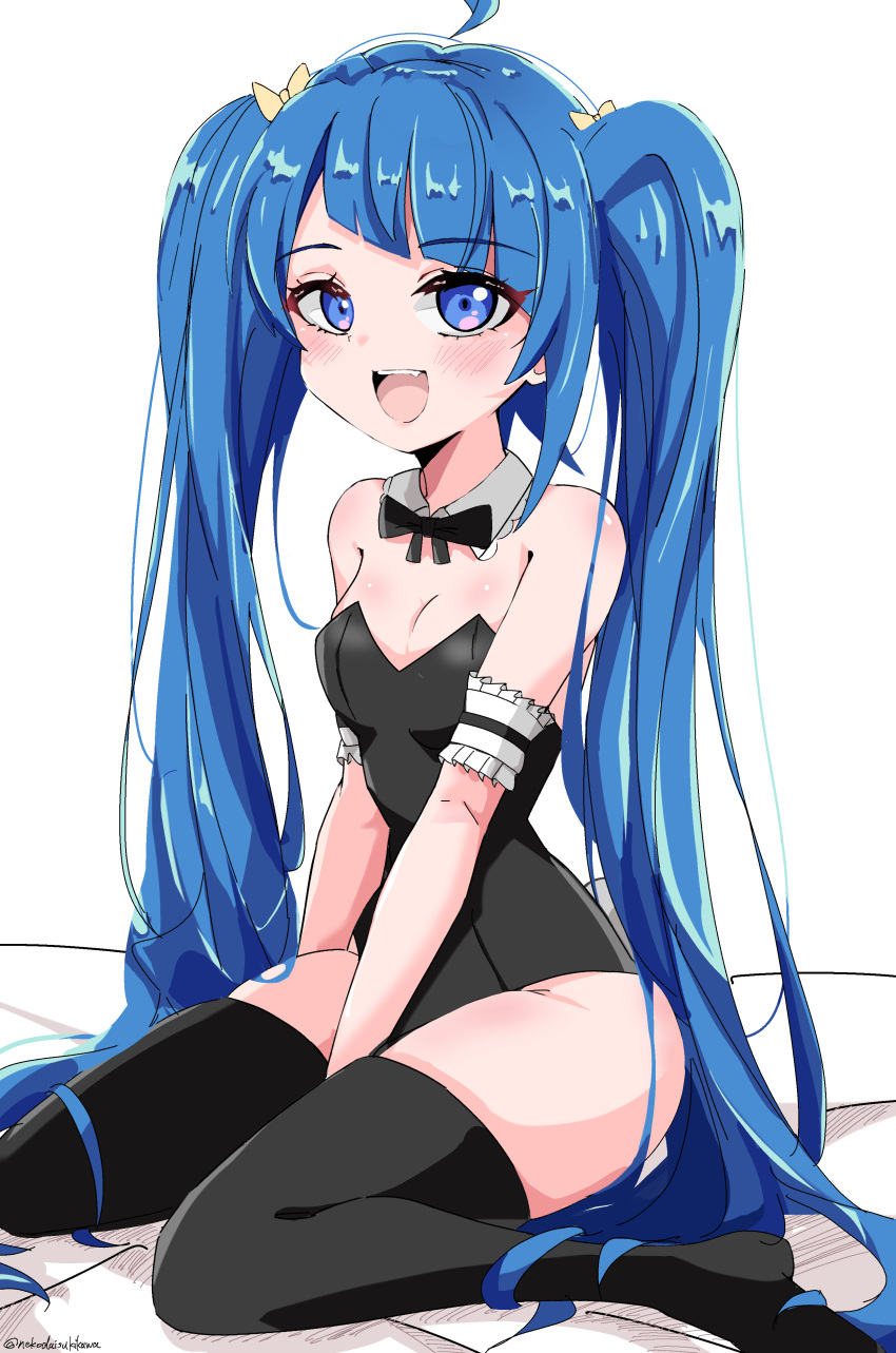 1girl :d absurdres ahoge arm_at_side armband asymmetrical_bangs bare_shoulders between_legs black_bow black_bowtie black_leotard black_thighhighs blue_eyes blue_hair blunt_bangs blush bow bowtie breasts cleavage collar commentary_request detached_collar eyelashes frilled_armband frills hair_bow hand_between_legs highres hirogaru_sky!_precure leotard light_blush long_hair looking_at_viewer no_shoes nuanko open_mouth playboy_bunny precure sitting small_breasts smile solo sora_harewataru teeth thighhighs tongue twintails upper_teeth_only very_long_hair wariza white_collar yellow_bow