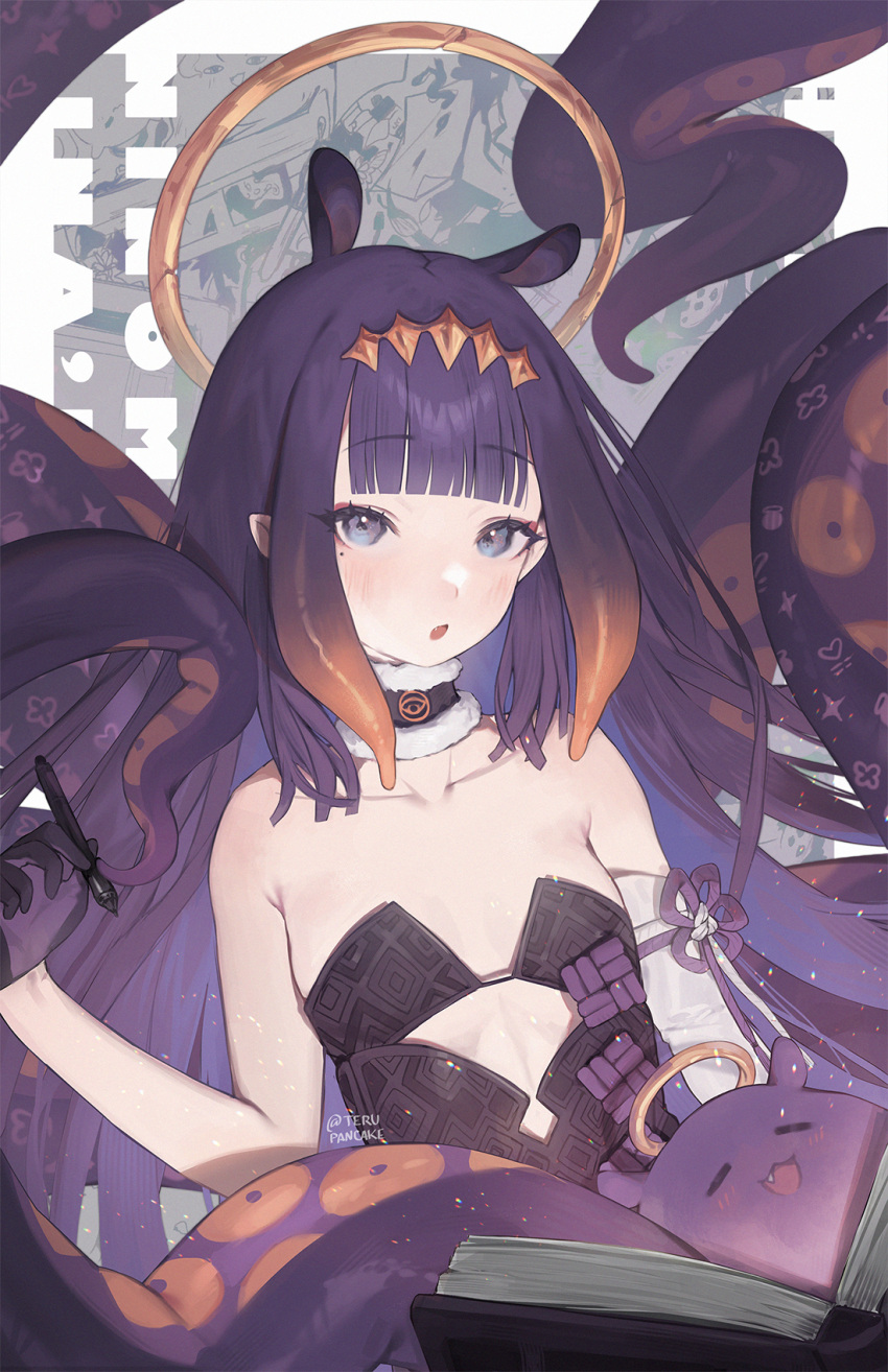 1girl :o artist_name bare_shoulders blunt_bangs book breasts collarbone commentary detached_sleeves diamond_hairband fang gloves halo highres holding holding_stylus hololive hololive_english long_hair looking_at_viewer ninomae_ina'nis ninomae_ina'nis_(1st_costume) open_book open_mouth purple_hair single_detached_sleeve small_breasts solo stylus takodachi_(ninomae_ina'nis) tentacles terupancake twitter_username upper_body very_long_hair virtual_youtuber