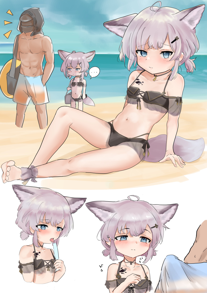 ... 1boy 1girl absurdres ahoge animal_ear_fluff animal_ears arknights beach bikini black_bikini blue_eyes bulge doctor_(arknights) erection erection_under_clothes extra_ears food fox_ears fox_girl fox_tail grey_hair hair_ornament highres hood hood_up male_doctor_(arknights) mask navel off-shoulder_bikini off_shoulder official_alternate_costume originium_(arknights) oripathy_lesion_(arknights) outdoors popsicle see-through short_twintails sussurro_(arknights) sussurro_(summer_flowers)_(arknights) swimsuit tail twintails water wuoo48763