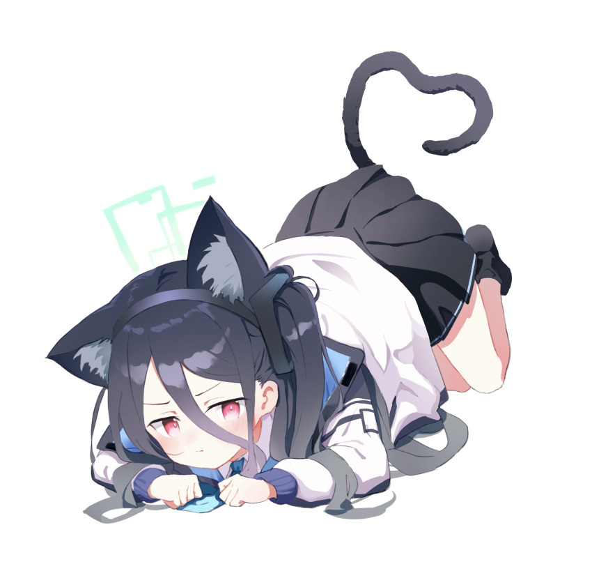 &lt;key&gt;_(blue_archive) 1girl animal_ears black_hair black_hairband black_skirt blue_archive blue_necktie cat_ears hair_between_eyes hairband highres jacket meng_yin necktie pink_eyes shirt side_ponytail skirt solo white_jacket white_shirt