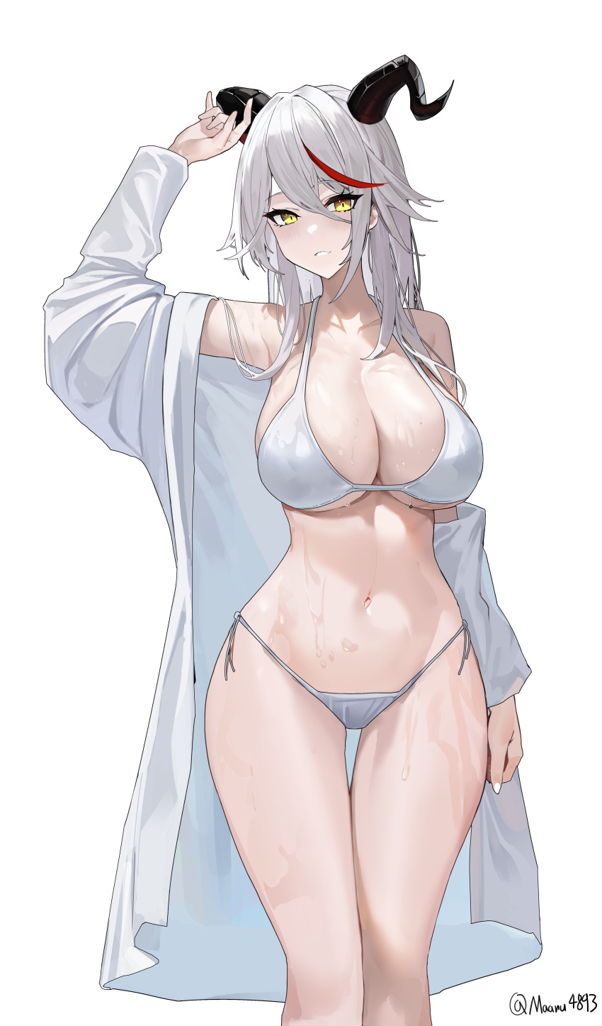 1girl absurdres aegir_(azur_lane) arm_up azur_lane bikini breasts commentary curled_horns highres horns large_breasts long_hair looking_at_viewer maanu multicolored_hair navel off_shoulder red_hair robe side-tie_bikini_bottom simple_background smile solo streaked_hair swimsuit teeth twitter_username two-tone_hair white_background white_bikini white_hair white_robe yellow_eyes