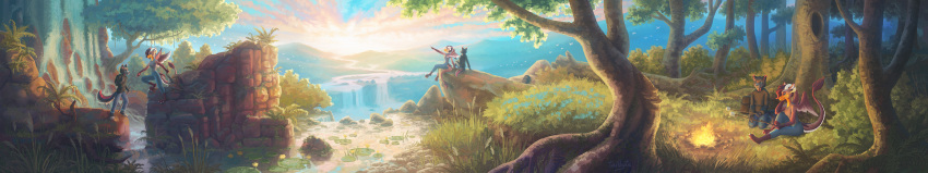 absurd_res anthro campfire canid canine canis clothed clothing cloud detailed detailed_background digital_media_(artwork) digital_painting_(artwork) dragon duo female forest fur grass hair hi_res horn landscape long_image male mammal markings mountain nature nature_background outside plant rock scalie scenery shaded signature sky smile tail tailbyte tree waterfall wide_image wings wolf