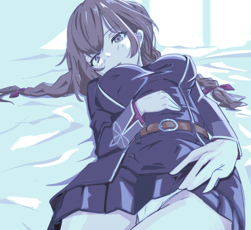 1girl bed black_dress braid breasts brown_hair chakoru cowboy_shot dress hand_on_own_stomach highres kantai_collection long_hair lying medium_breasts panties pantyshot shinshuu_maru_(kancolle) solo twin_braids underwear white_panties