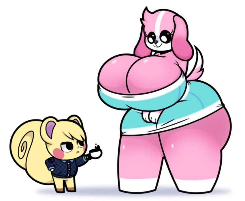 animal_crossing anthro beverage big_breasts big_butt black_eyes blonde_hair breasts butt canid canine canis cleavage clothed clothing coffee cookie_(animal_crossing) dewy-eyedboy domestic_dog duo female fur hair huge_breasts huge_butt huge_thighs larger_female male mammal marshal_(animal_crossing) nintendo pink_body pink_fur rodent sciurid simple_background size_difference smaller_male smile standing tail thick_thighs tree_squirrel yellow_body yellow_fur