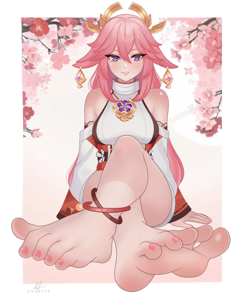 1girl animal_ears anklet artist_name bare_shoulders barefoot breasts cherry_blossoms commentary commission crossed_legs detached_sleeves dress earrings english_commentary eycarts eyelashes feet floppy_ears foot_focus foreshortening fox_ears genshin_impact gradient_background hair_between_eyes highres jewelry knee_up medium_breasts nail_polish nontraditional_miko obi pink_background pink_hair pink_nails purple_eyes sash short_dress signature sitting sleeveless soles solo toenail_polish toenails toes white_background wide_sleeves yae_miko