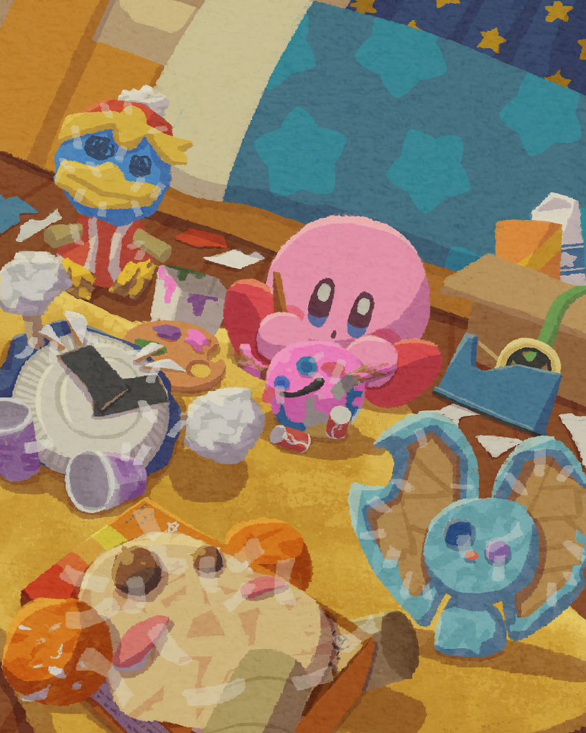 blue_eyes blush_stickers cardboard character_doll elfilin highres indoors king_dedede kirby kirby_(series) meta_knight miclot no_humans open_mouth painting_(action) paper_plate pink_footwear plate shoes sitting tape waddle_dee