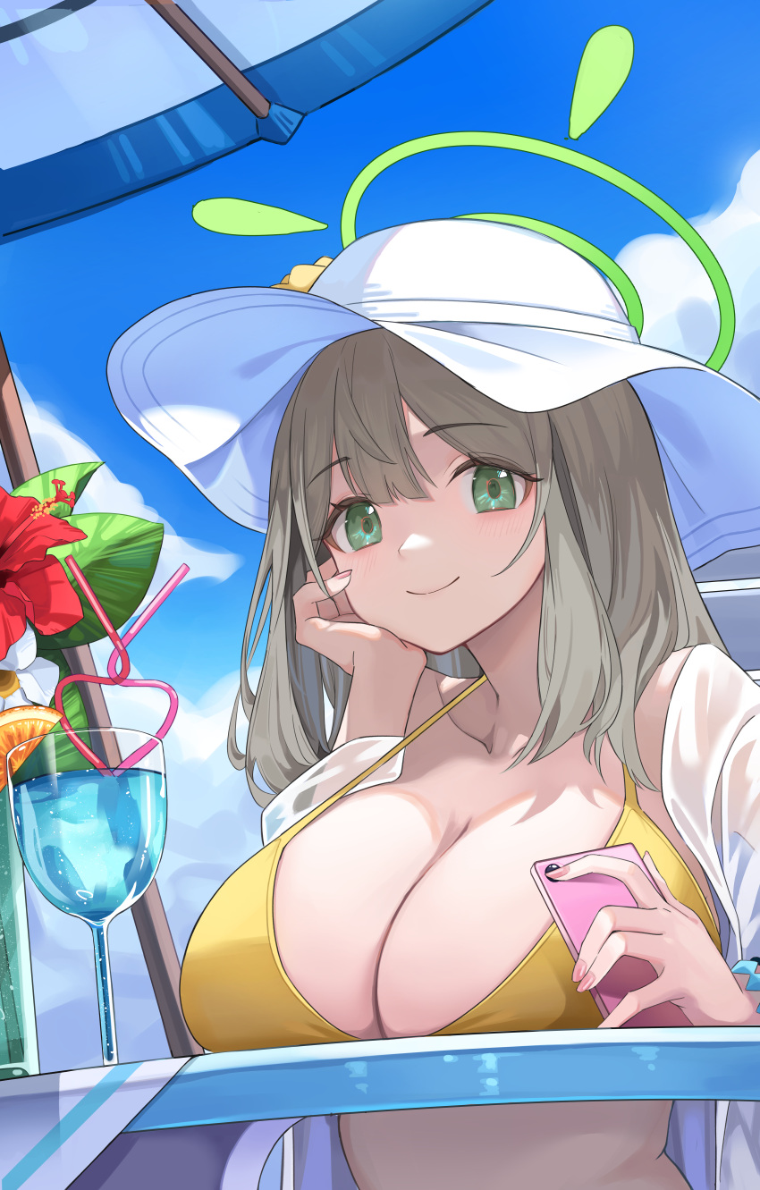 1girl absurdres bare_shoulders beach_umbrella bikini blonde_hair blue_archive blue_sky breast_rest breasts cellphone cleavage closed_mouth cloud commentary_request cup day drinking_glass drinking_straw green_eyes green_halo halo halterneck hand_on_own_cheek hand_on_own_face hat head_rest highres holding holding_phone jacket large_breasts long_hair looking_at_viewer nonomi_(blue_archive) nonomi_(swimsuit)_(blue_archive) official_alternate_costume open_clothes open_jacket outdoors phone see-through see-through_jacket sky smartphone smile soar_sora222 solo sun_hat swimsuit umbrella upper_body white_headwear white_jacket wine_glass yellow_bikini