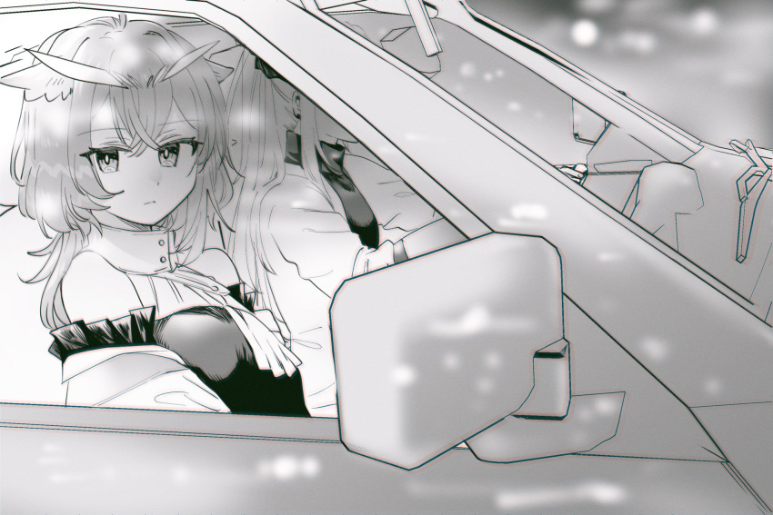 2girls arknights breasts car dress earrings greyscale hair_between_eyes highres jewelry long_hair long_sleeves looking_at_viewer miyachi_(tanya_visha) monochrome motor_vehicle multiple_girls owl_ears saria_(arknights) silence_(arknights) small_breasts