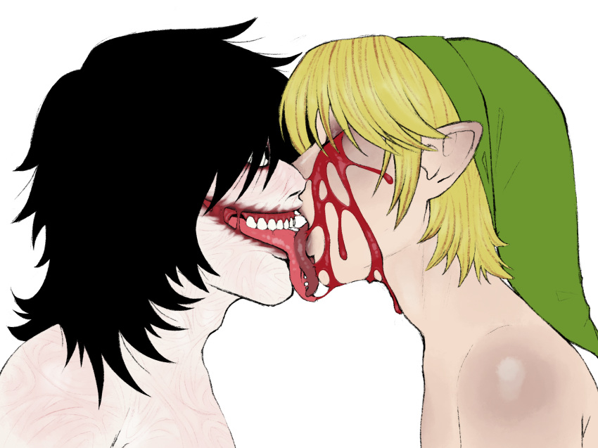 anthro bangs ben_drowned black_hair blonde_hair blood blood_in_mouth blood_on_face bodily_fluids clothing creepypasta dreamscreep duo eyes_closed french_kissing hair hat hat_only headgear headgear_only headwear headwear_only hi_res human humanoid humanoid_pointy_ears hylian jeff_the_killer kissing long_hair long_tongue male male/male mammal mostly_nude nintendo not_furry open_mouth pink_tongue red_tongue saliva saliva_string scar side_view teeth the_legend_of_zelda tongue tongue_out wounded