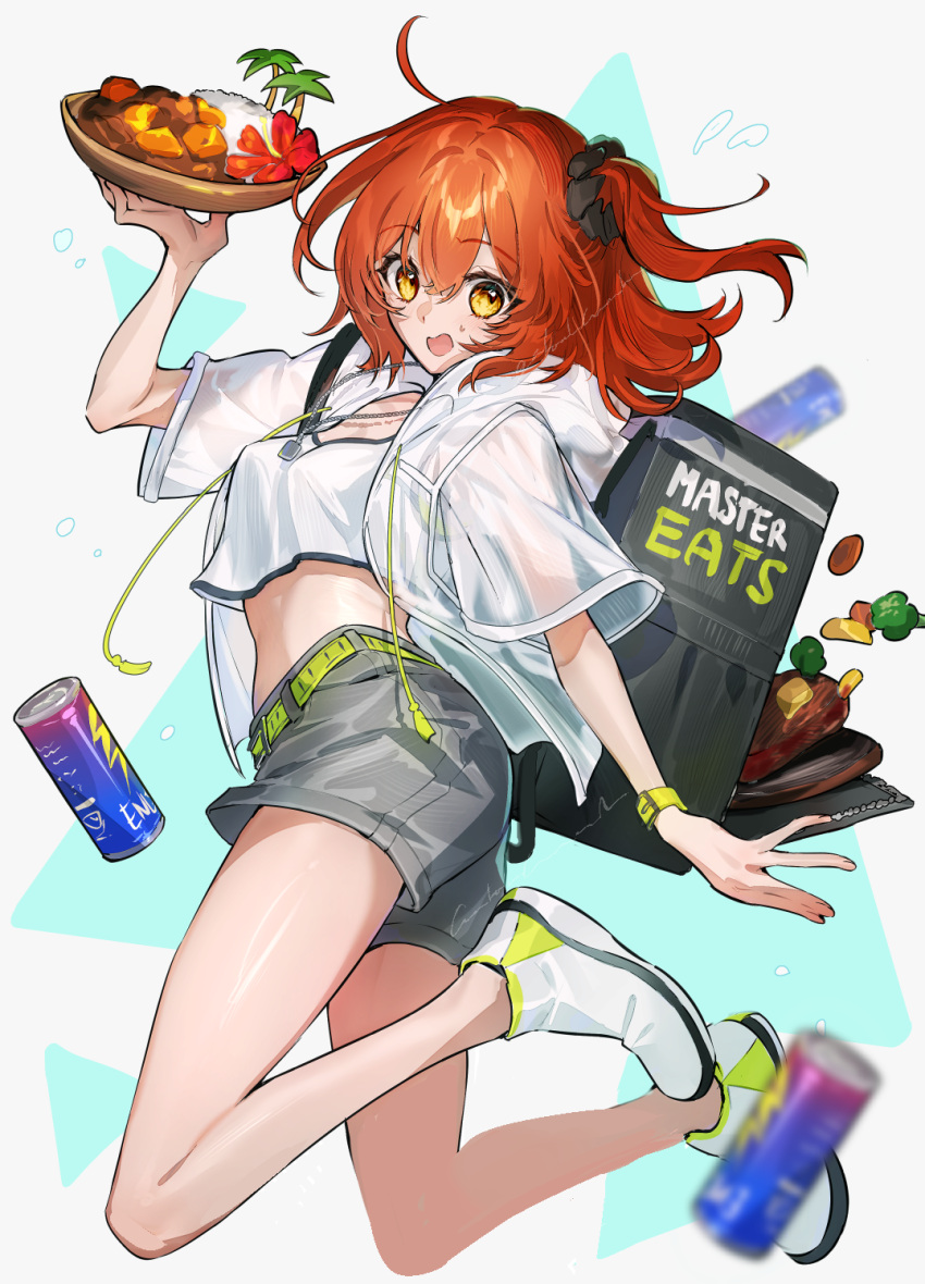 1girl ahoge arm_at_side backpack bag bare_legs belt black_bag black_scrunchie blurry bowl brand_name_imitation broccoli can carrot crop_top curry curry_rice depth_of_field drawstring energy_drink english_text facing_viewer fate/grand_order fate_(series) flower food food_delivery_box fujimaru_ritsuka_(female) fujimaru_ritsuka_(female)_(summer_street) full_body galibo green_belt grey_background grey_shorts hair_ornament hair_scrunchie hand_up highres holding holding_bowl holding_food jacket jewelry jumping light_blush looking_down meat medium_hair open_mouth orange_hair palm_tree pendant red_flower rice scrunchie see-through see-through_jacket shiny_skin shoes short_sleeves shorts side_ponytail signature simple_background sneakers solo steak sweat tank_top tree uber_eats watch white_footwear white_jacket white_tank_top wristwatch yellow_eyes