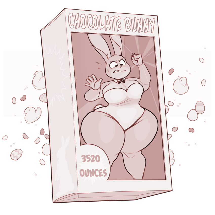 1:1 2023 absurd_res anthro bow_tie breasts bunny_costume candy clothed clothing costume curvy_figure dessert digital_drawing_(artwork) digital_media_(artwork) disney easter easter_egg english_text female food fur greyscale hi_res holidays jelly_bean judy_hopps lagomorph legwear leporid mammal monochrome open_mouth peeps rabbit ridiculouscake simple_background solo standing text thick_thighs thigh_highs trapped voluptuous wide_hips zootopia