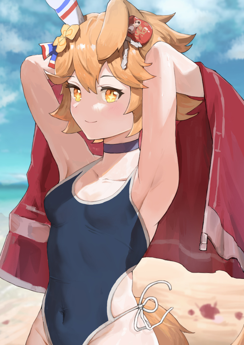 +_+ 1girl absurdres alternate_costume animal_ears armpits arms_up bai_xiao-owl beach black_choker blue_one-piece_swimsuit blue_sky breasts choker cloud cloudy_sky clover_hair_ornament collarbone commentary_request daruma_doll ear_covers flipped_hair four-leaf_clover_hair_ornament hair_between_eyes hair_ornament highleg highleg_swimsuit highres horse_ears horse_girl horse_tail jacket looking_at_viewer matikanefukukitaru_(umamusume) one-piece_swimsuit orange_eyes orange_hair outdoors red_jacket sand single_ear_cover sky small_breasts solo swimsuit tail track_jacket umamusume