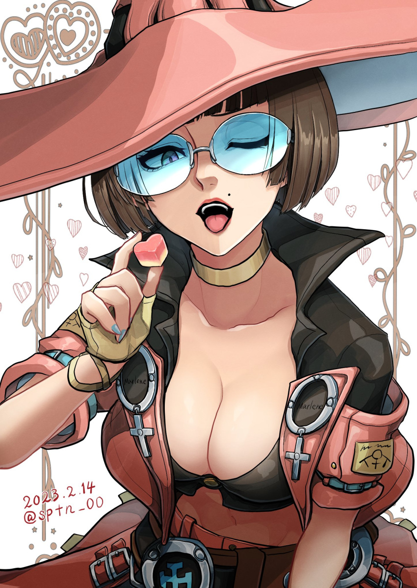 1girl alternate_color blue_nails breasts brown_hair candy candy_heart choker fingerless_gloves food gloves green-tinted_eyewear guilty_gear guilty_gear_strive hat highres holding holding_candy holding_food i-no large_breasts looking_at_viewer medium_hair mole mole_above_mouth one_eye_closed open_mouth pink_headwear red_lips short_sleeves sptn_00 tinted_eyewear venus_symbol witch_hat yellow_choker yellow_gloves