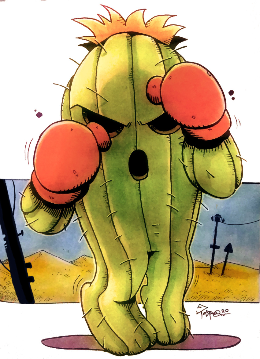 absurdres boxing_gloves cactus digimon digimon_(creature) full_body gloves highres looking_at_viewer open_mouth plant plant_monster red_gloves signature solo spines taragraphika togemon