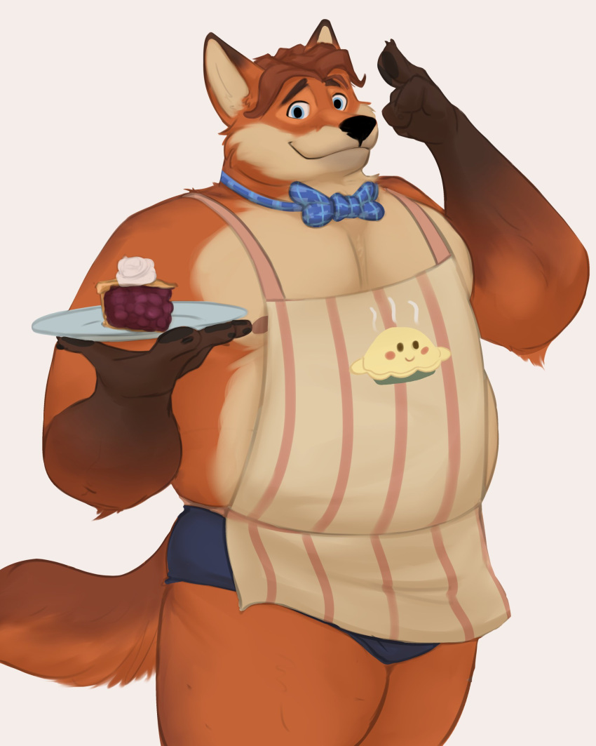 2023 absurd_res anthro apron belly black_nose bow_tie canid canine clothing dessert disney food fox gideon_grey hi_res humanoid_hands male mammal moobs mosin nipples overweight overweight_male pie simple_background solo underwear zootopia