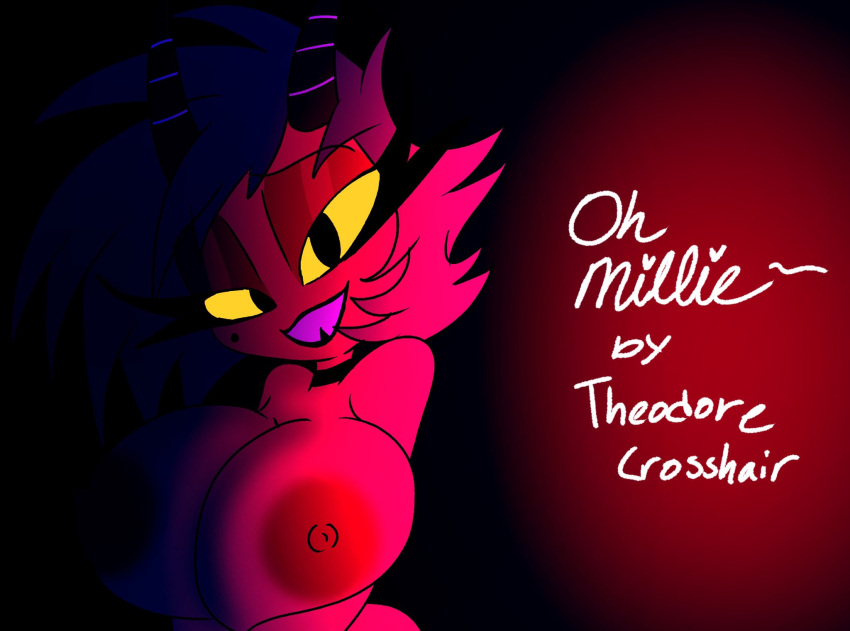 2022 big_breasts black_hair breasts demon demon_humanoid female hair helluva_boss hi_res horn humanoid imp millie_(helluva_boss) nipples nsfwtheodore open_mouth open_smile red_body simple_background smile solo tail teeth thick_thighs yellow_sclera