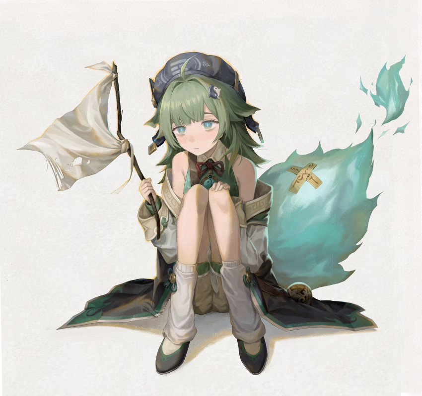 1girl absurdres black_footwear blue_eyes blue_headwear closed_mouth commentary flag full_body green_hair green_jacket green_shirt hair_ornament highres holding holding_flag honkai:_star_rail honkai_(series) huohuo_(honkai:_star_rail) jacket leg_warmers looking_at_viewer off_shoulder shirt simple_background sitting sleeveless sleeveless_shirt socks solo subfiction tail white_background white_flag white_jacket white_socks