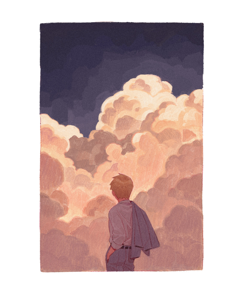 1boy absurdres back bad_id bad_tumblr_id blonde_hair cloud cloud_focus cloudy_sky cowboy_shot cumulonimbus_cloud dark_clouds grey_pants grey_suit hand_in_pocket highres jacket jacket_on_shoulders male_focus mob_psycho_100 nbgpart orange_clouds pants pink_clouds purple_clouds reigen_arataka shirt short_hair sky sky_focus solo suit