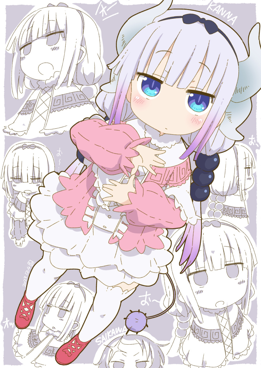 1girl beads black_bow black_hairband blue_eyes blush bow bow_hairband closed_mouth commentary_request dragon_girl dragon_horns dragon_tail dress full_body gradient_hair hair_beads hair_bow hair_ornament hairband highres horns kanna_kamui kobayashi-san_chi_no_maidragon long_hair long_sleeves looking_at_viewer multicolored_hair multiple_views open_mouth pink_dress puffy_long_sleeves puffy_sleeves purple_hair red_footwear samansa_ex shoes tail thighhighs twintails white_thighhighs