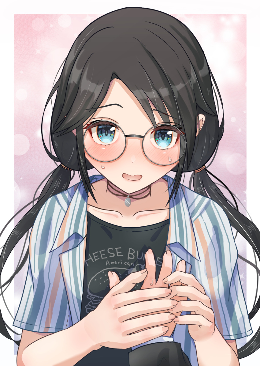 1boy 1girl black_hair blue_eyes blush collarbone flat_chest glasses grabbing grabbing_another's_breast grey-framed_eyewear hetero highres idolmaster idolmaster_shiny_colors lakuha_(dwtk2424) looking_at_viewer mitsumine_yuika pink_background pov pov_hands producer_(idolmaster) round_eyewear shirt striped striped_shirt sweatdrop upper_body vertical-striped_shirt vertical_stripes