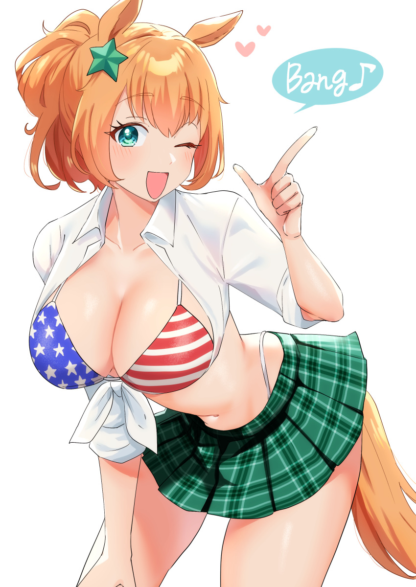 1girl absurdres alternate_costume american_flag_bikini animal_ears bikini blue_eyes breasts brown_hair cleavage commentary_request cowboy_shot english_text finger_gun flag_print hair_between_eyes hair_ornament highres horse_ears horse_girl horse_tail large_breasts leaning_forward looking_at_viewer medium_hair nitsutomeo_shinobu open_clothes open_mouth open_shirt plaid plaid_skirt shirt short_sleeves simple_background skirt sleeves_rolled_up smile solo speech_bubble swimsuit taiki_shuttle_(umamusume) tail tied_shirt umamusume white_background white_shirt