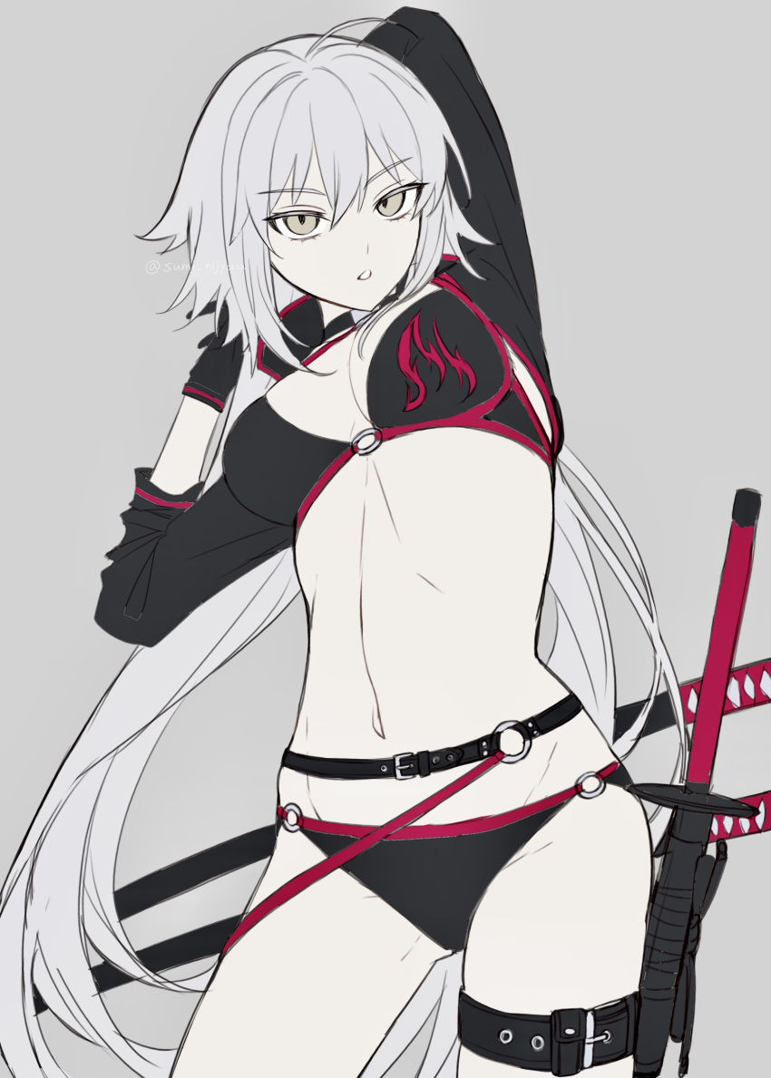 1girl ahoge bikini black_bikini black_gloves black_jacket breasts brown_eyes cleavage cropped_jacket fate/grand_order fate_(series) gloves grey_hair hair_between_eyes highres jacket jeanne_d'arc_alter_(fate) jeanne_d'arc_alter_(swimsuit_berserker)_(fate) katana long_hair looking_at_viewer medium_breasts navel o-ring o-ring_bikini pale_skin sheath sheathed shrug_(clothing) simple_background solo stomach stretching sumi_(gfgf_045) swimsuit sword very_long_hair weapon