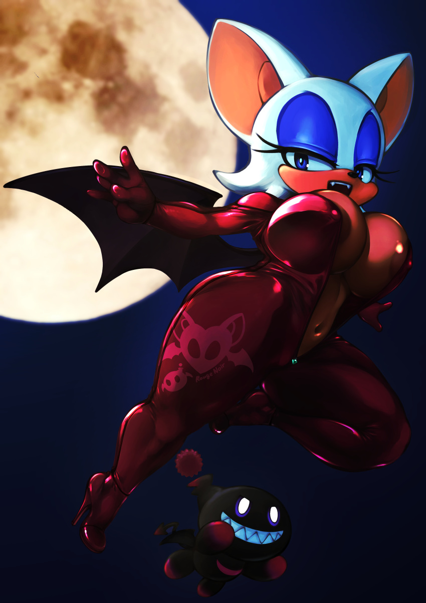 2023 5_fingers absurd_res anthro areola areola_slip bat bat_wings big_breasts big_ears black_nose blue_eyes bodysuit breasts chao_(sonic) clothing curvy_figure duo eyelashes eyeshadow fangs female fingers flying footwear hair half-closed_eyes hi_res high_heels kyugata looking_at_viewer makeup mammal membrane_(anatomy) membranous_wings moon narrowed_eyes navel night nipple_outline open_mouth open_smile outside rouge_the_bat sega short_hair skinsuit smile solo_focus sonic_the_hedgehog_(series) teeth text text_on_clothing thick_thighs tight_clothing voluptuous white_hair wide_hips wings