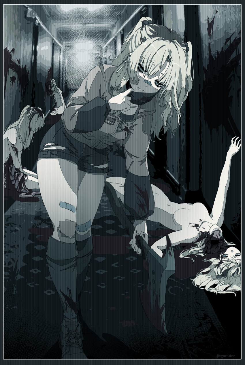 4girls axe bandaid bandaid_on_face bandaid_on_knee bandaid_on_leg bandaid_on_nose blood blood_on_clothes blood_on_weapon blood_splatter blood_stain border corpse death decapitation disembowelment earrings empty_eyes english_commentary guro hair_between_eyes halloween highres holding holding_axe jacket jewelry juniper_(artist) kneehighs leaning_forward mask medium_hair monochrome mouth_mask multiple_girls muted_color nude original ringed_eyes shorts socks solo_focus standing torn_clothes twintails twitter_username weapon