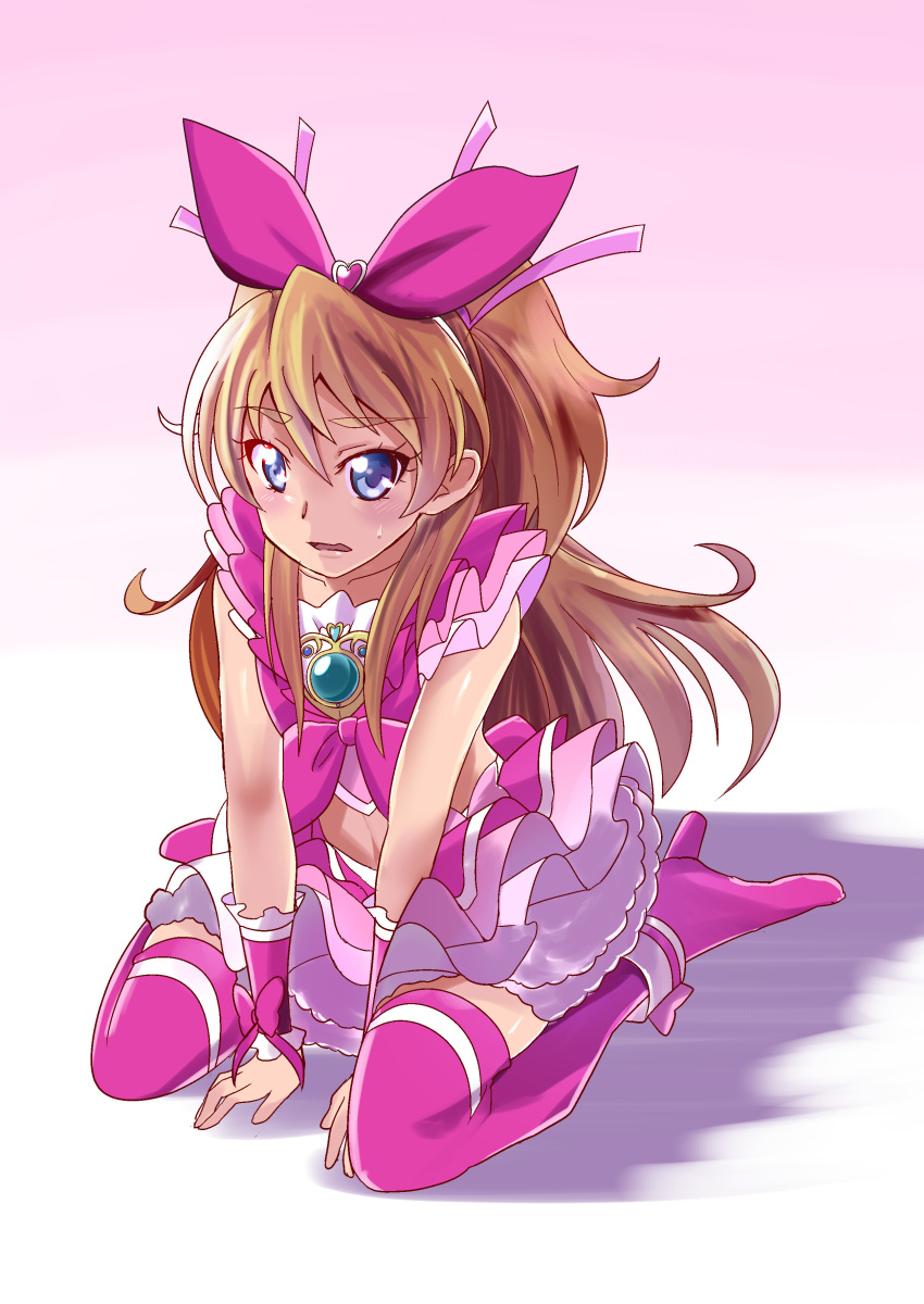 1girl absurdres between_legs blue_eyes bow brown_hair collarbone cosplay crop_top cure_melody cure_melody_(cosplay) hair_between_eyes hair_bow hair_ornament hand_between_legs heart heart_hair_ornament high_heels highres houjou_hibiki layered_skirt long_hair midriff miniskirt navel open_mouth pink_bow pink_footwear pink_skirt pink_thighhighs precure sitting skirt sleeveless solo stomach suite_precure thighhighs tirofinire twintails very_long_hair wariza wavy_mouth zettai_ryouiki