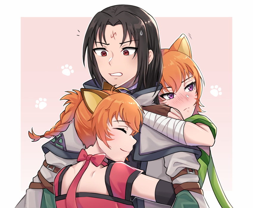 1boy 2girls animal_ears arm_wrap blush cat_ears cat_girl cat_tail closed_eyes closed_mouth coat collar english_commentary facial_mark fire_emblem fire_emblem:_path_of_radiance fire_emblem:_radiant_dawn forehead_mark green_shirt highres holding hug lethe_(fire_emblem) lyre_(fire_emblem) multiple_girls neck_ribbon orange_hair pink_shirt purple_eyes red_eyes ribbon shirt siblings sisters smile soren_(fire_emblem) sweatdrop tail twins witchi