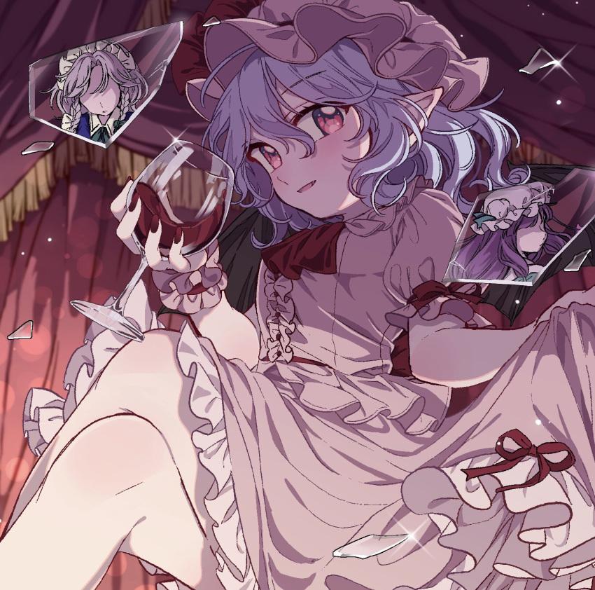 1girl ascot blue_hair braid broken_glass commentary_request cup curtains drinking_glass fang feet_out_of_frame glass hair_between_eyes hat highres holding holding_cup izayoi_sakuya looking_at_viewer maid_headdress medium_hair mob_cap nail_polish open_mouth patchouli_knowledge pink_headwear pink_shirt pink_skirt pointy_ears purple_hair red_ascot red_eyes red_nails reflection remilia_scarlet satomachi shirt short_sleeves skirt smile solo touhou twin_braids wine_glass wrist_cuffs