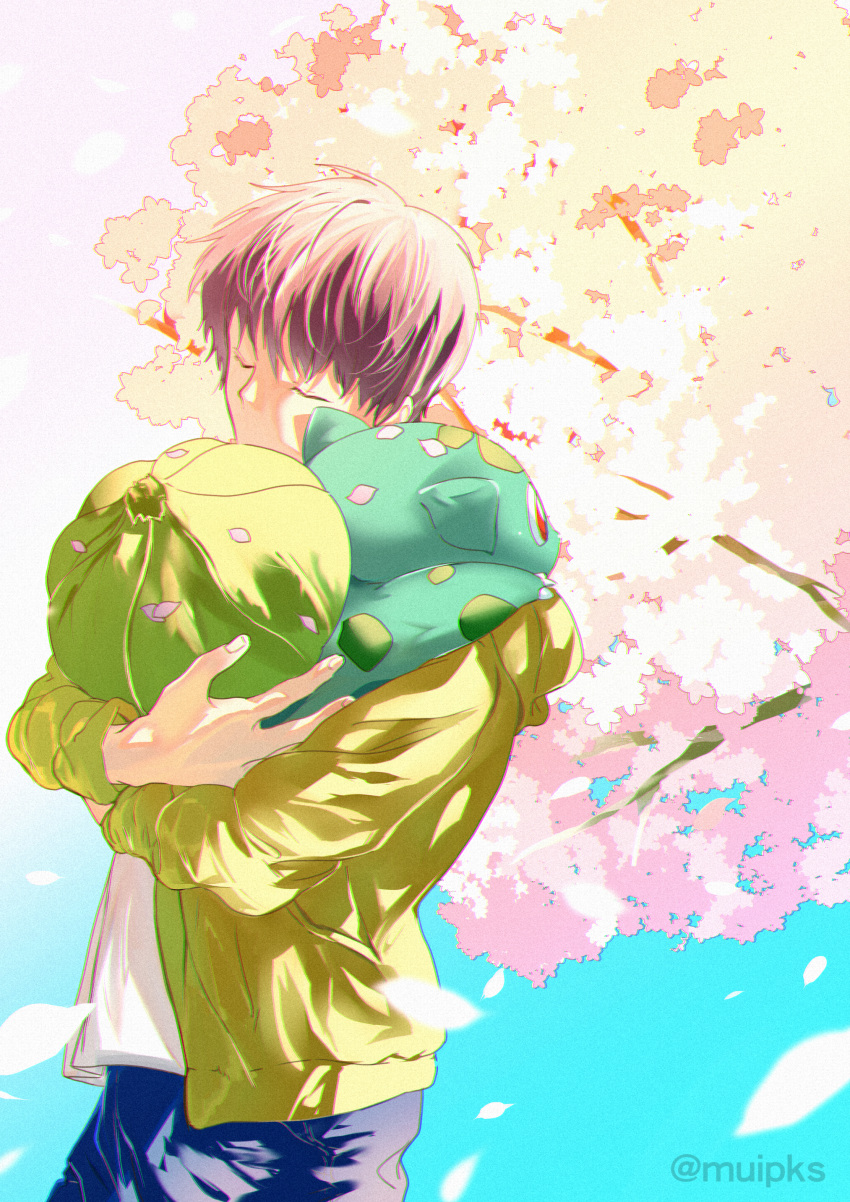 1boy absurdres animal_hug blue_pants branch bright_pupils brown_hair bulbasaur cherry_blossoms fingernails green_jacket highres holding holding_pokemon hood hooded_jacket jacket male_focus muipks pants petals pokemon pokemon_(creature) red_eyes shirt short_hair spring_(season) white_pupils white_shirt