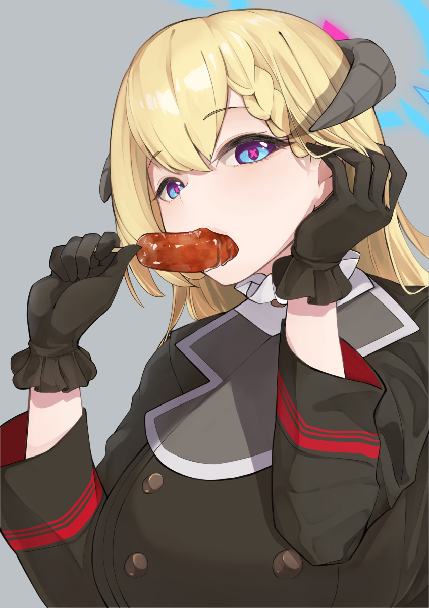 1girl absurdres akari_(blue_archive) black_gloves black_horns blonde_hair blue_archive blue_eyes blue_halo breasts eating food frilled_gloves frills gloves hair_between_eyes halo highres holding holding_food horns kakimoto_nao large_breasts long_hair long_sleeves sausage solo