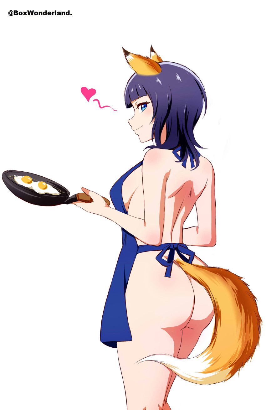 1girl absurdres animal_ears apron artist_name asaka_karin ass back bare_shoulders blue_apron blue_eyes blue_hair blunt_bangs box_wonderland breasts closed_mouth egg_(food) food fox_ears fox_tail fried_egg from_behind from_side frying_pan heart hetero highres holding holding_frying_pan large_breasts looking_at_viewer looking_to_the_side love_live! love_live!_nijigasaki_high_school_idol_club medium_hair naked_apron sideboob simple_background solo spoken_heart tail thighs white_background