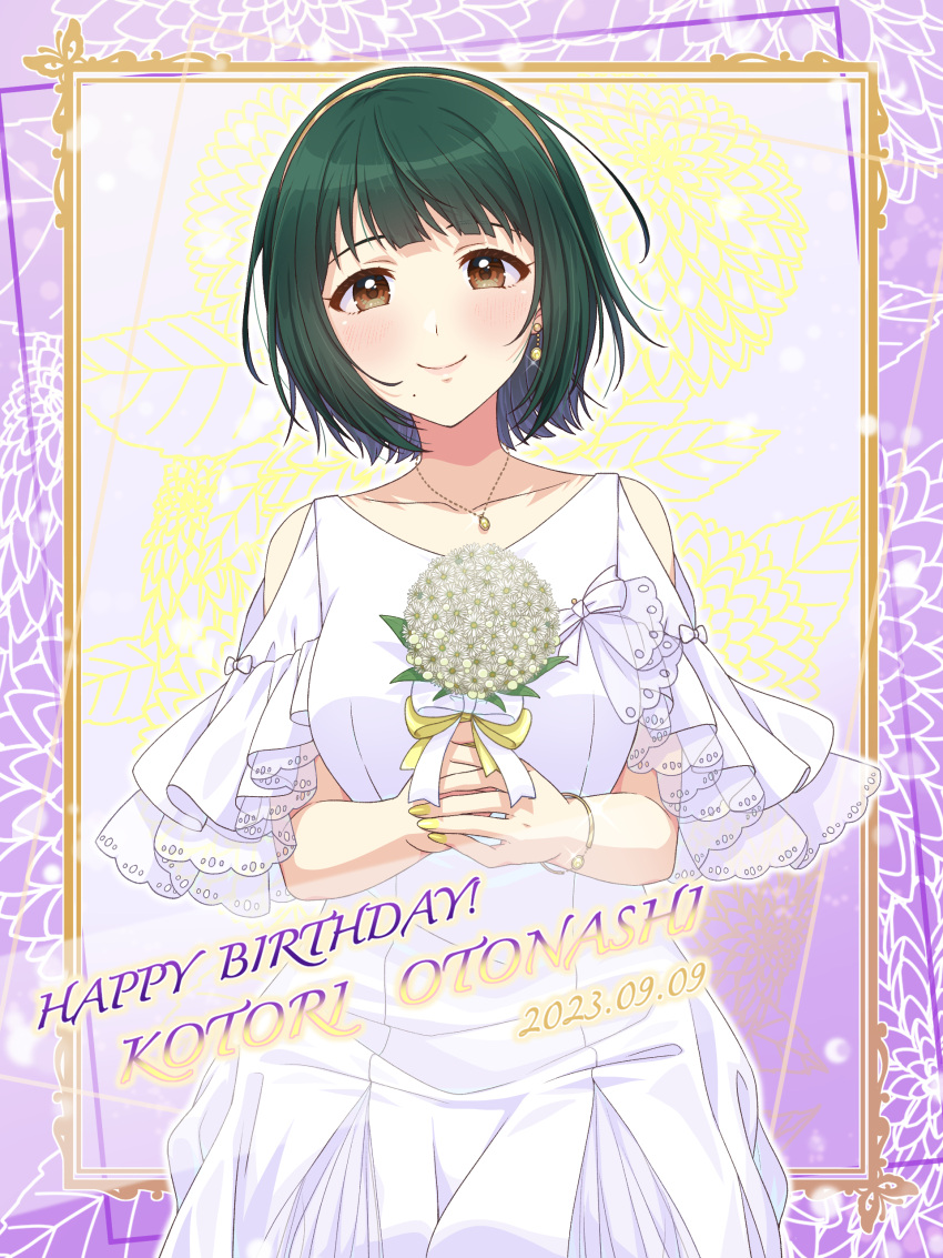 1girl absurdres alternate_costume blush bouquet breasts character_name clothing_cutout collarbone dated dress green_hair hairband happy_birthday highres holding holding_bouquet idolmaster idolmaster_million_live! looking_at_viewer medium_breasts mole mole_under_mouth otonashi_kotori patterned_background shiro_(ongrokm) short_hair shoulder_cutout smile solo white_dress yellow_hairband