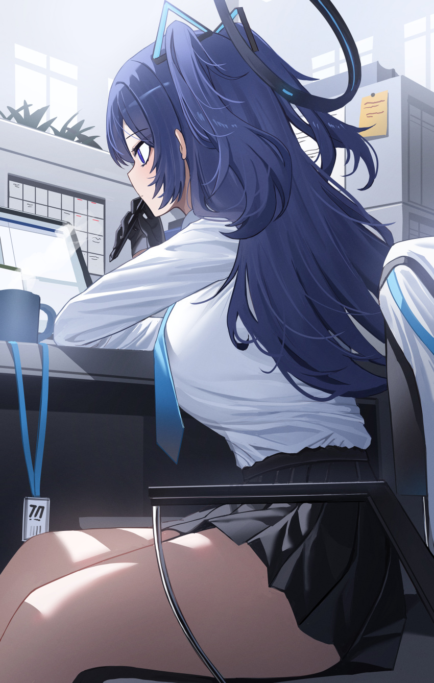 1girl absurdres black_gloves black_skirt blue_archive blue_necktie breasts chair cup desk from_side gloves halo highres jeze lanyard large_breasts long_hair looking_at_screen miniskirt mug necktie pleated_skirt purple_eyes purple_hair shirt shirt_tucked_in sitting skirt solo tablet_pc thighs two_side_up very_long_hair white_shirt yuuka_(blue_archive)