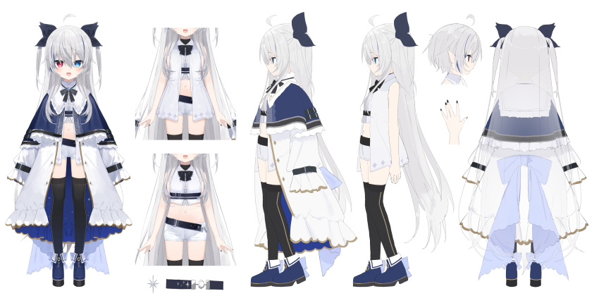 1girl :3 :d absurdres ahoge back_bow belt black_belt black_bow black_bowtie black_nails black_thighhighs blue_cape blue_capelet blue_eyes blue_footwear blue_hair blush boots bow bowtie bright_pupils buran_buta cape capelet chest_belt collar collared_shirt cropped_shirt fang flat_chest fold-over_boots footwear_bow frilled_cape frilled_capelet frills from_behind from_side full_body gold_trim hair_between_eyes hair_bow heterochromia highres indie_virtual_youtuber jacket long_hair looking_at_viewer loose_belt midriff mismatched_pupils multicolored_hair multiple_views navel nisha_(vtuber) platform_boots platform_footwear red_eyes reference_sheet shirt short_hair short_shorts shorts simple_background sleeveless sleeveless_jacket sleeveless_shirt sleeves_past_fingers sleeves_past_wrists smile star-shaped_pupils star_(symbol) stomach streaked_hair symbol-shaped_pupils thighhighs two-sided_cape two-sided_fabric two_side_up underbust very_long_hair virtual_youtuber white_background white_cape white_collar white_hair white_jacket white_pupils white_shirt white_shorts