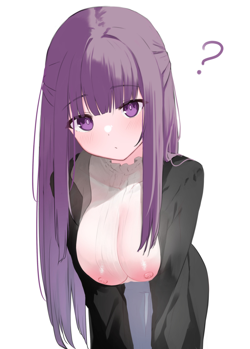 1girl =_= ? absurdres black_robe breasts closed_mouth commentary_request dress fern_(sousou_no_frieren) highres large_breasts long_hair looking_at_viewer memekko open_clothes open_robe purple_eyes purple_hair robe see-through shirt simple_background solo sousou_no_frieren very_long_hair white_background white_dress