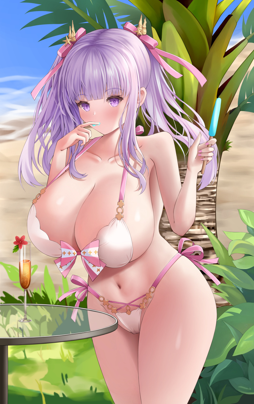 1girl absurdres azur_lane bare_shoulders beach bikini blush bow bow_bikini breasts cameltoe cleavage cup day drinking_glass finger_in_own_mouth finger_sucking food gintokyhenry glass hair_between_eyes highres huge_breasts light_purple_hair looking_at_viewer navel ocean on_table out_of_frame outdoors pink_bow pink_nails pink_ribbon plymouth_(azur_lane) plymouth_(heart-throbbing_refreshment)_(azur_lane) popsicle purple_eyes ribbon sand shore simple_background solo swimsuit table water white_background white_bikini