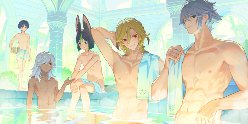 5boys abs absurdres alhaitham_(genshin_impact) animal_ears bath black_hair blonde_hair blue_hair cyno_(genshin_impact) dark-skinned_male dark_skin ddal fox_ears genshin_impact green_eyes grey_hair hair_between_eyes highres kaveh_(genshin_impact) long_hair male_focus multicolored_hair multiple_boys muscular muscular_male nipples nude onsen red_eyes scaramouche_(genshin_impact) short_hair tighnari_(genshin_impact) topless_male towel_around_waist towel_on_arm