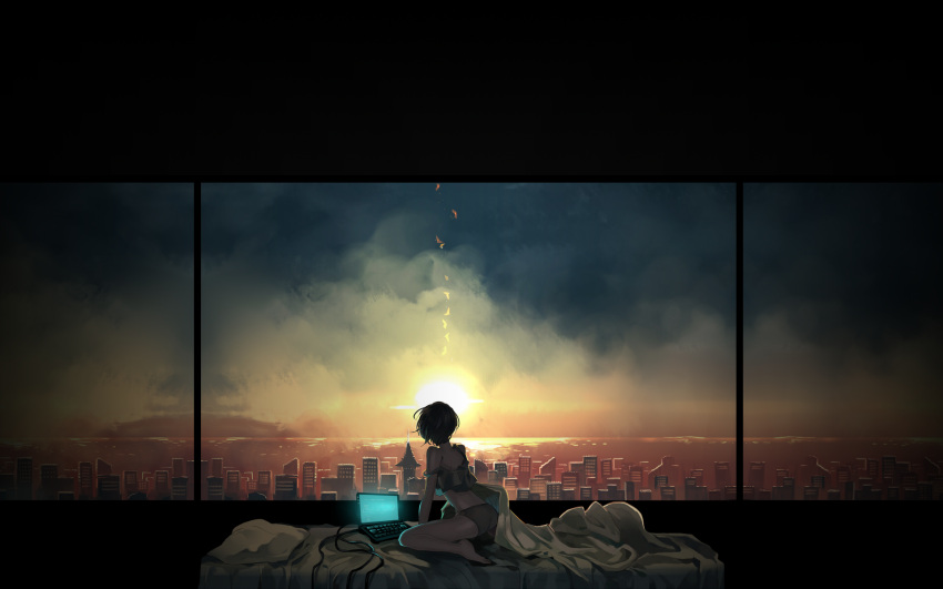 1girl artist_request back bed brown_hair character_request city cityscape commentary_request computer copyright_request highres indoors non-web_source source_request sunset
