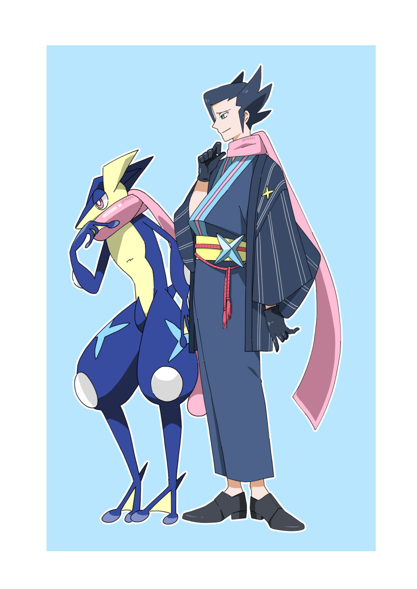 1boy 99akt1031 absurdres alternate_costume black_footwear black_gloves black_hair blue_background border closed_mouth commentary_request from_side gloves greninja grimsley_(pokemon) highres jacket japanese_clothes kimono male_focus open_clothes open_jacket pink_scarf pointy_hair pokemon pokemon_(creature) pokemon_(game) pokemon_bw raised_eyebrow sash scarf shoes smile standing white_border yellow_sash