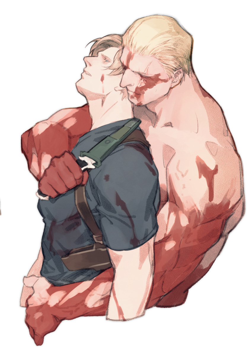 2boys bara black_shirt blonde_hair blood blood_on_face brown_hair couple highres holding holding_knife holding_weapon injury jack_krauser knife knife_sheath leon_s._kennedy male_focus multiple_boys muscular muscular_male resident_evil resident_evil_4 resident_evil_4_(remake) sheath sheathed shirt short_hair simple_background topless_male upper_body vetania weapon white_background yaoi