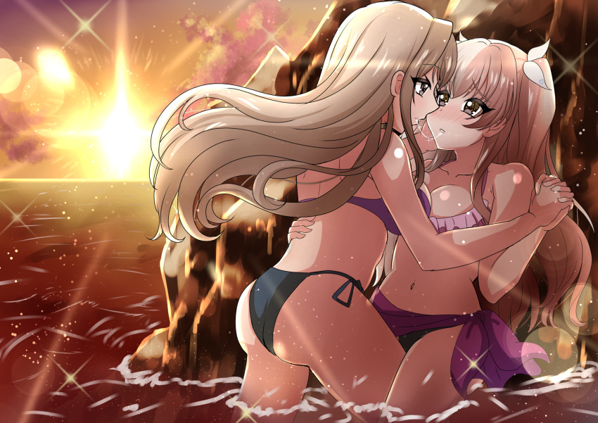 2girls bikini blonde_hair blush breasts brown_eyes brown_hair cleavage cloud d4dj half_updo highres holding_hands in_water long_hair looking_at_another multicolored_hair multiple_girls ocean orange_sky pink_hair saliva saliva_trail shinomiya_kokoa sky split-color_hair sunset swimsuit tendo_hayate twintails yu-sha-mashi-alo-fa yuri