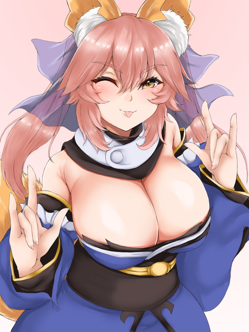 1girl animal_ear_fluff animal_ears armpit_crease bare_shoulders black_collar black_sash blue_kimono blue_ribbon blue_sleeves blush breasts cleavage closed_mouth collar detached_collar detached_sleeves fate/extra fate/grand_order fate_(series) fingernails fox_ears fox_girl fox_tail hair_ribbon highres huge_breasts japanese_clothes kimono long_fingernails long_sleeves looking_at_viewer one_eye_closed pink_background pink_hair ribbon ryou_(619-619) sash simple_background smile solo tail tamamo_(fate) tamamo_no_mae_(fate/extra) tongue tongue_out twintails yellow_eyes