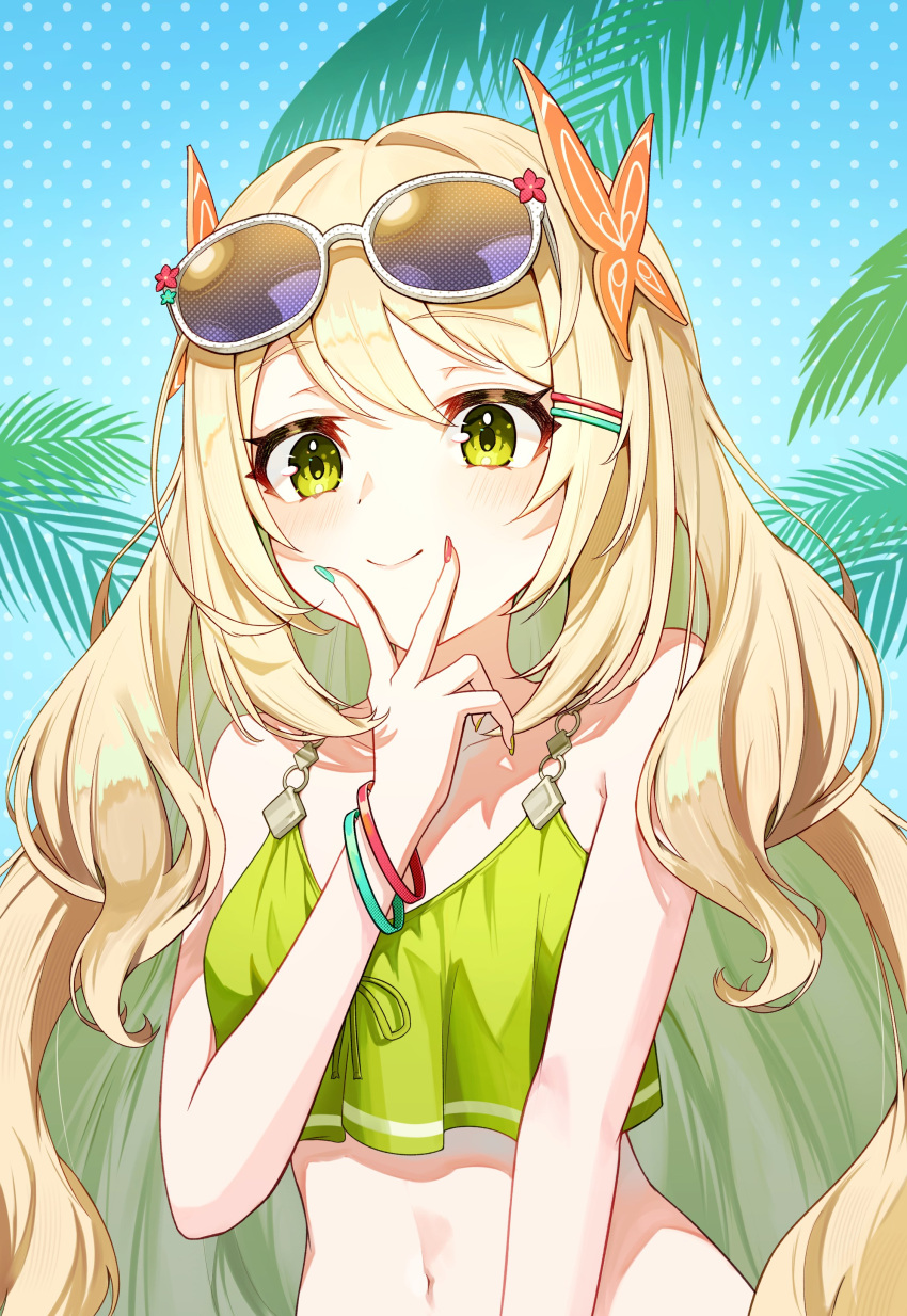 1girl absurdres alternate_costume bare_shoulders bikini blonde_hair breasts butterfly_hair_ornament celine_(fire_emblem) closed_mouth eyewear_on_head fire_emblem fire_emblem_engage green_bikini green_eyes hair_ornament highres long_hair looking_at_viewer mky_kmy navel small_breasts smile solo sunglasses swimsuit upper_body v_over_mouth very_long_hair