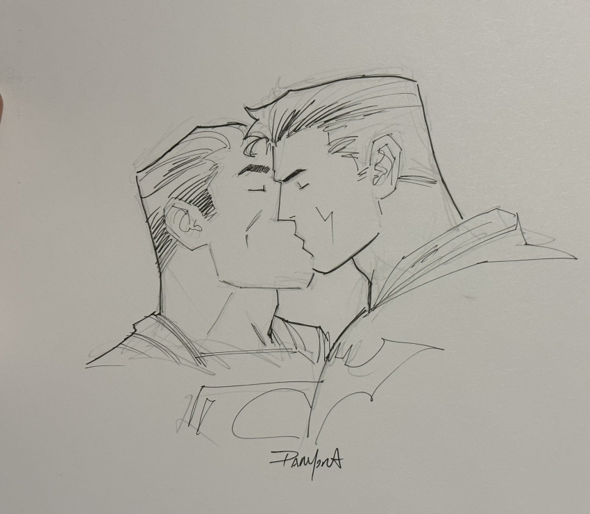 2boys batman batman_(series) bruce_wayne cheekbones clark_kent closed_eyes commission cropped_torso dan_mora dc_comics from_side highres kiss male_focus mature_male multiple_boys pen_(medium) photo_(medium) profile second-party_source short_hair sideburns sideburns_stubble sketch superman superman_(series) thick_eyebrows yaoi