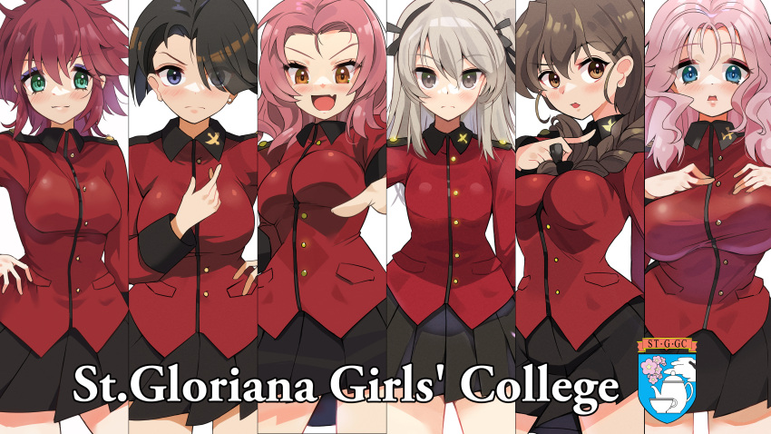 6+girls absurdres arm_behind_back black_hair black_ribbon black_skirt blaze_(blazeillust) blue_eyes braid braided_ponytail breasts brown_eyes brown_hair closed_mouth commentary_request cowboy_shot cranberry_(girls_und_panzer) cup earrings emblem english_text eyeliner frown girls_und_panzer girls_und_panzer_saishuushou green_eyes hair_ornament hair_over_one_eye hair_over_shoulder hair_ribbon hairclip hand_on_own_hip hands_on_own_chest highres holding holding_cup holding_hair jacket jewelry large_breasts light_brown_hair long_hair long_sleeves looking_at_viewer makeup medium_hair messy_hair military_uniform miniskirt multiple_girls odd_one_out official_alternate_costume one_side_up open_mouth partial_commentary peach_(girls_und_panzer) pink_hair pleated_skirt pointing pointing_at_viewer red_hair red_jacket ribbon rosehip_(girls_und_panzer) rukuriri_(girls_und_panzer) shimada_arisu short_hair single_braid skirt smile spilling spoilers st._gloriana's_(emblem) st._gloriana's_military_uniform standing tea teacup uniform vanilla_(girls_und_panzer) wavy_hair