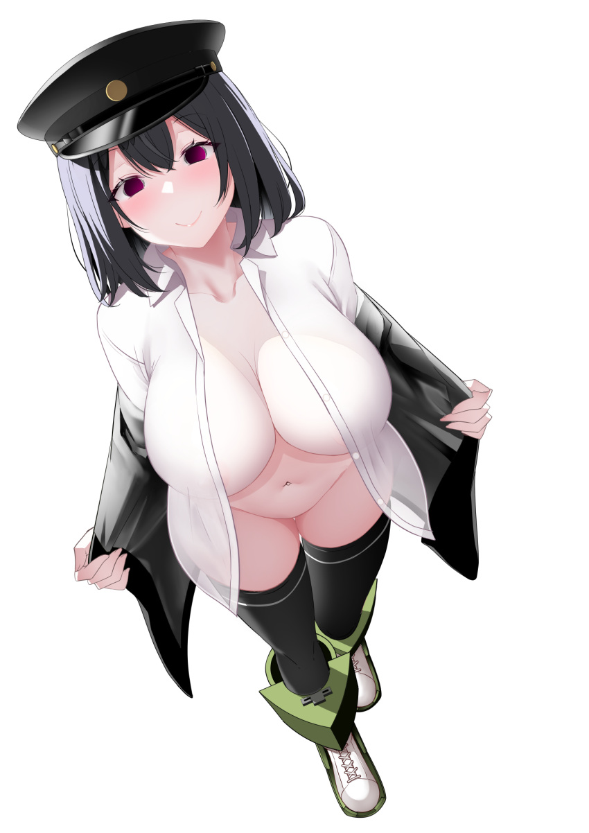 1girl akitsu_maru_(kancolle) akitsu_maru_kai_(kancolle) black_hair black_headwear black_thighhighs blush bob_cut bottomless breasts collared_shirt dress_shirt from_above hat highres kantai_collection kirigakure_(kirigakure_tantei_jimusho) large_breasts looking_at_viewer naked_shirt navel open_clothes open_shirt peaked_cap purple_eyes shirt short_hair smile solo thighhighs white_shirt